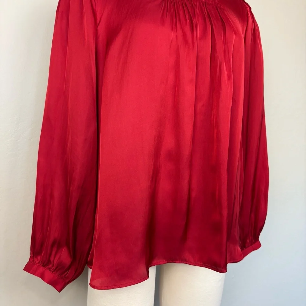 J. Crew Ruffle Neck Drapey Top NWT Size XL Red Satin Puff Sleeves Holidays Party